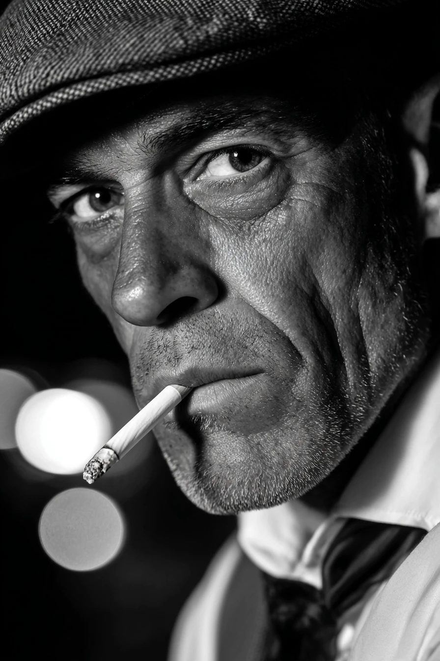 Retrato intenso em preto e branco em close de homem fumando