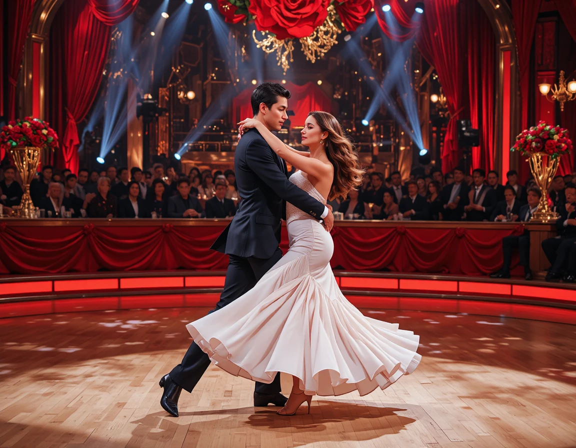 Elegant couple dancing tango on a glamorous ballroom stage