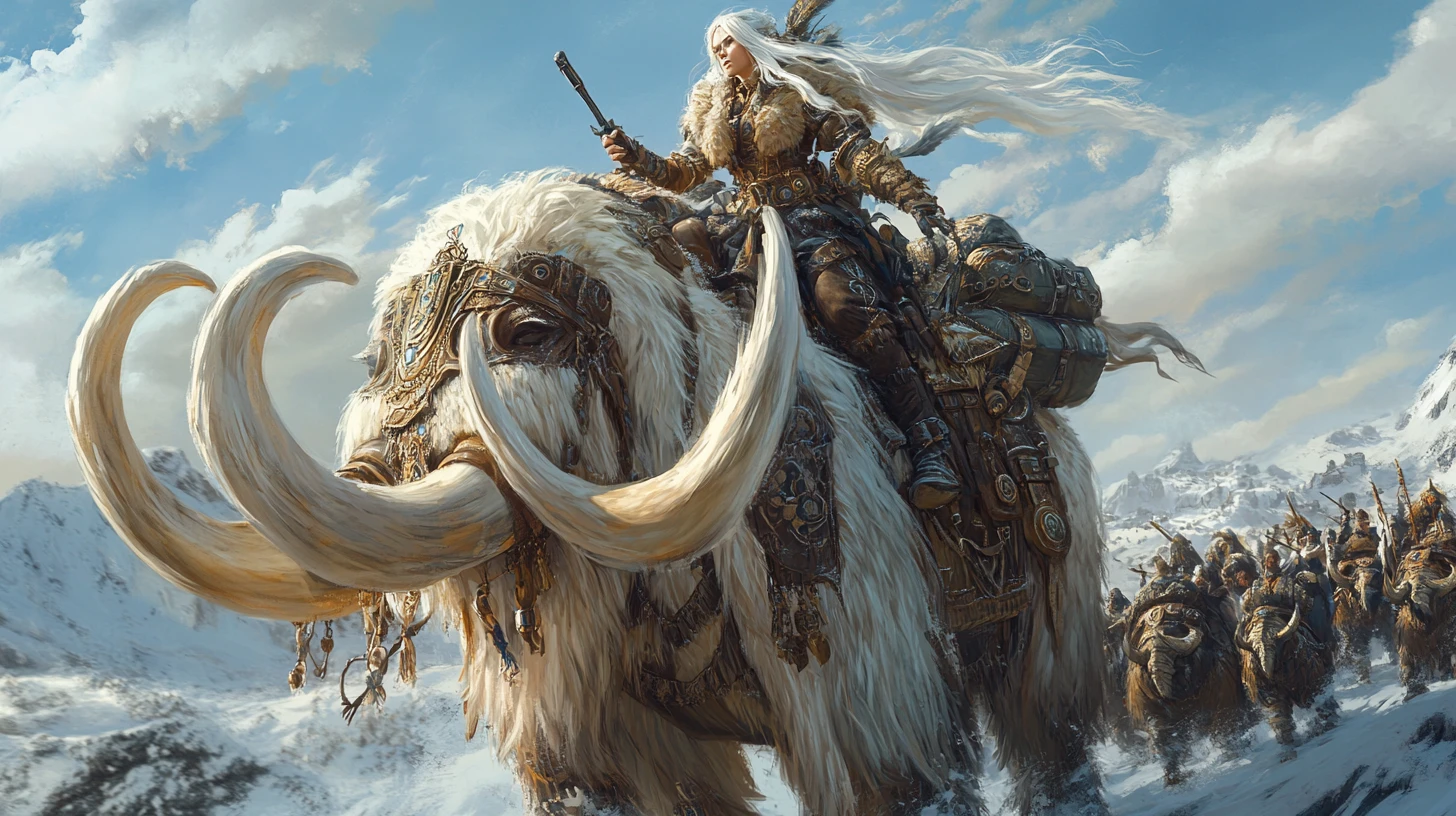 Ragazza barbara steampunk che cavalca un mammut lanoso verso nord