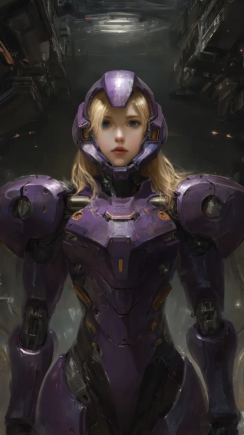 Guerreira androide feminina com armadura roxa em hangar espacial