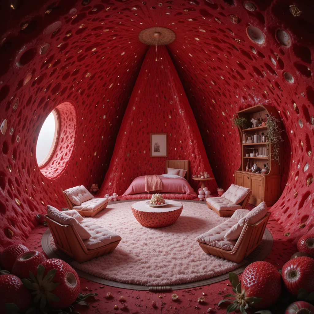 Interior de fantasia aconchegante dentro de uma casa de morango gigante e oca