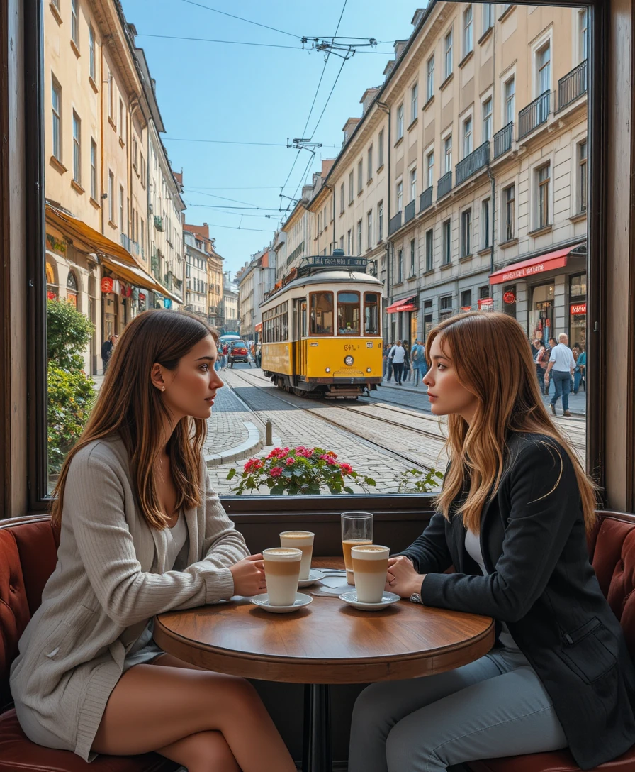 Two young women talking at a Lisbon street cafe table