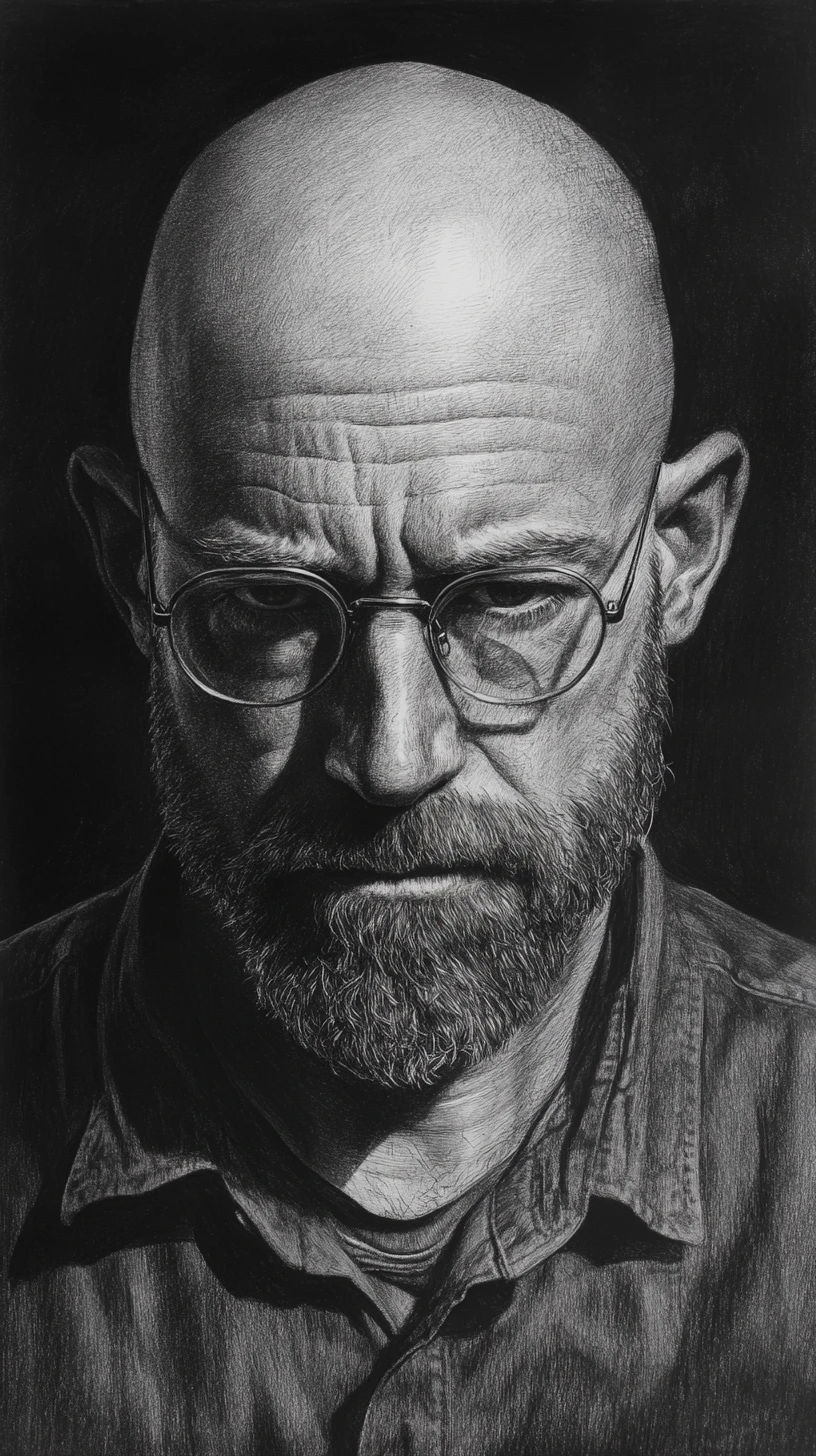 Retrato em grafite de um homem careca em foco intenso e silencioso