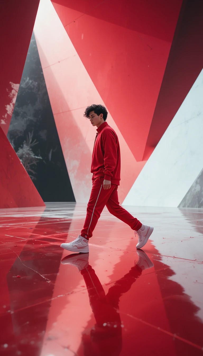 Young man in red tracksuit walking through geometric space
