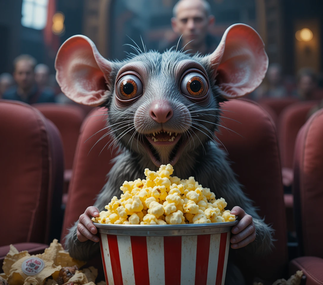 Rat fou aux yeux globuleux mangeant du pop-corn au cinéma