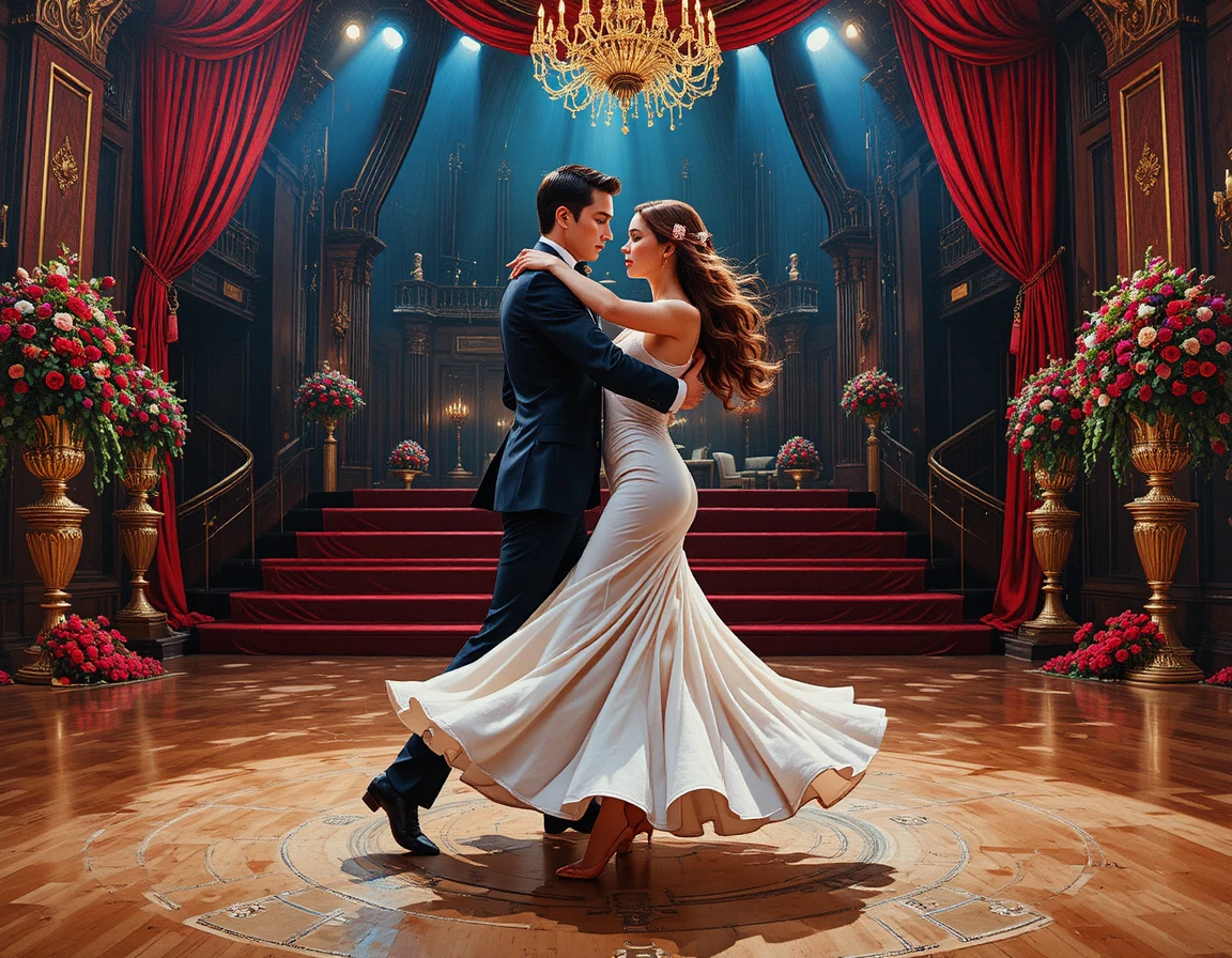 Coppia elegante che balla il tango su un lussuoso palco di gala