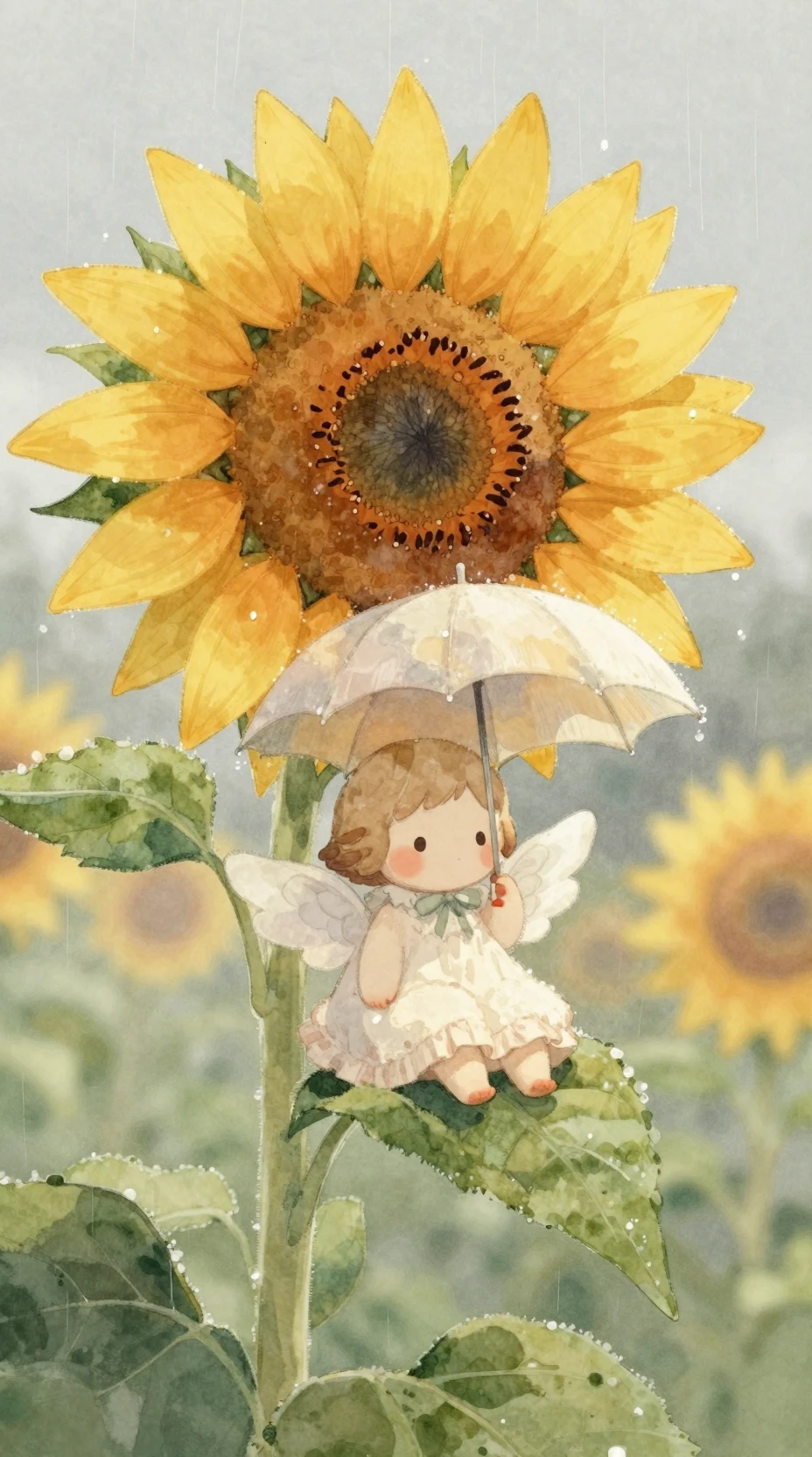 Tiny winged creature sheltered beneath a sunflower in rain