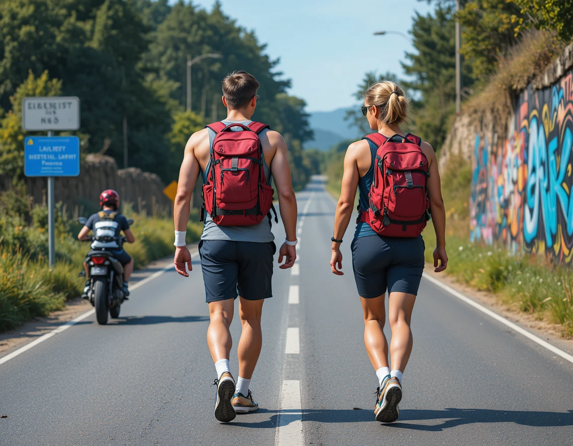 Casal em forma caminhando com mochilas vermelhas em estrada de verão