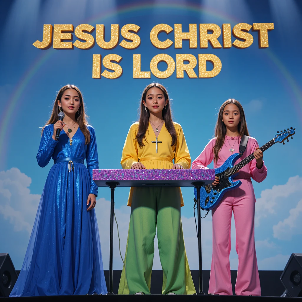 Girl band cristiana che si esibisce sul palco sotto i riflettori