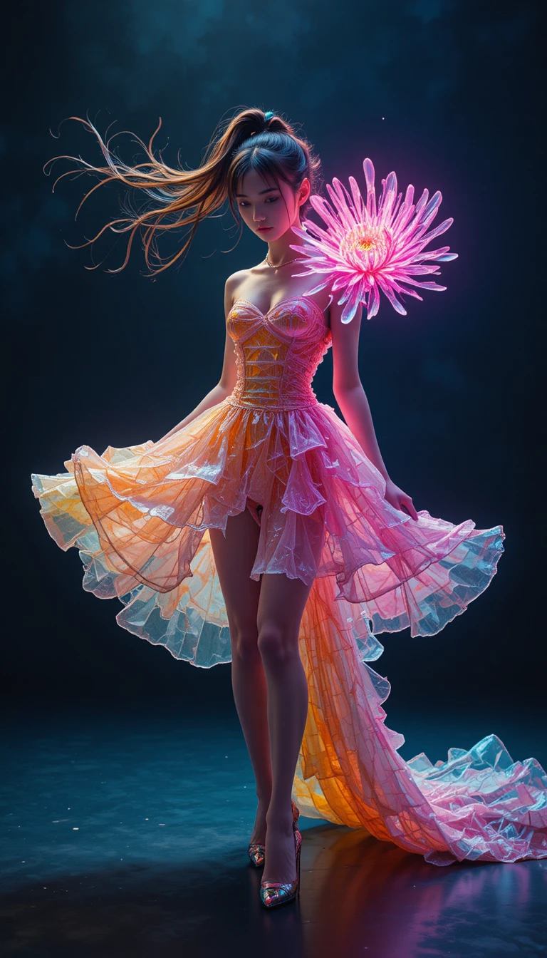 Full length woman in surreal crumb dress with dynamic pose