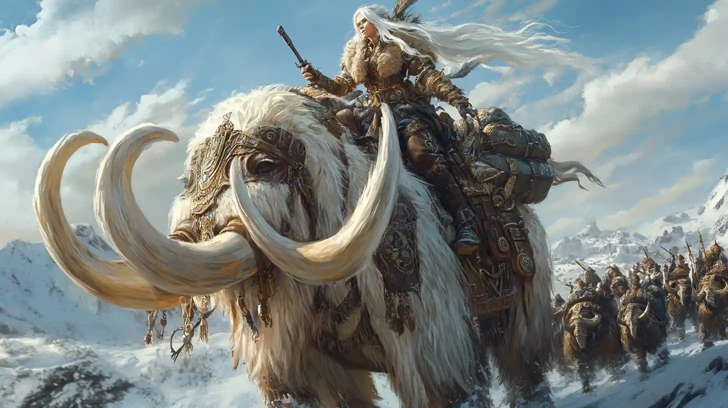 Ragazza barbara steampunk che cavalca un mammut lanoso verso nord