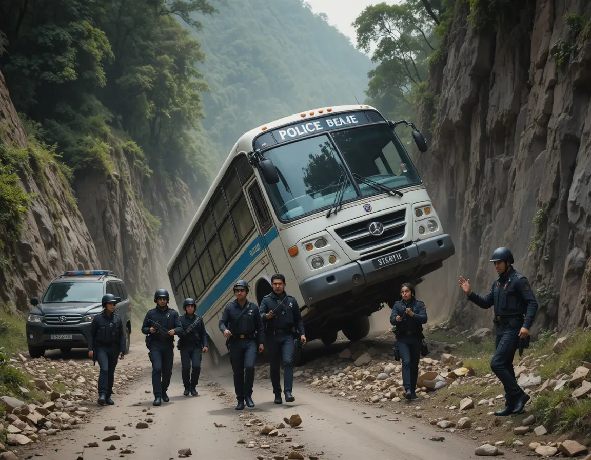 Armed police unit advancing along a suburban mountain road