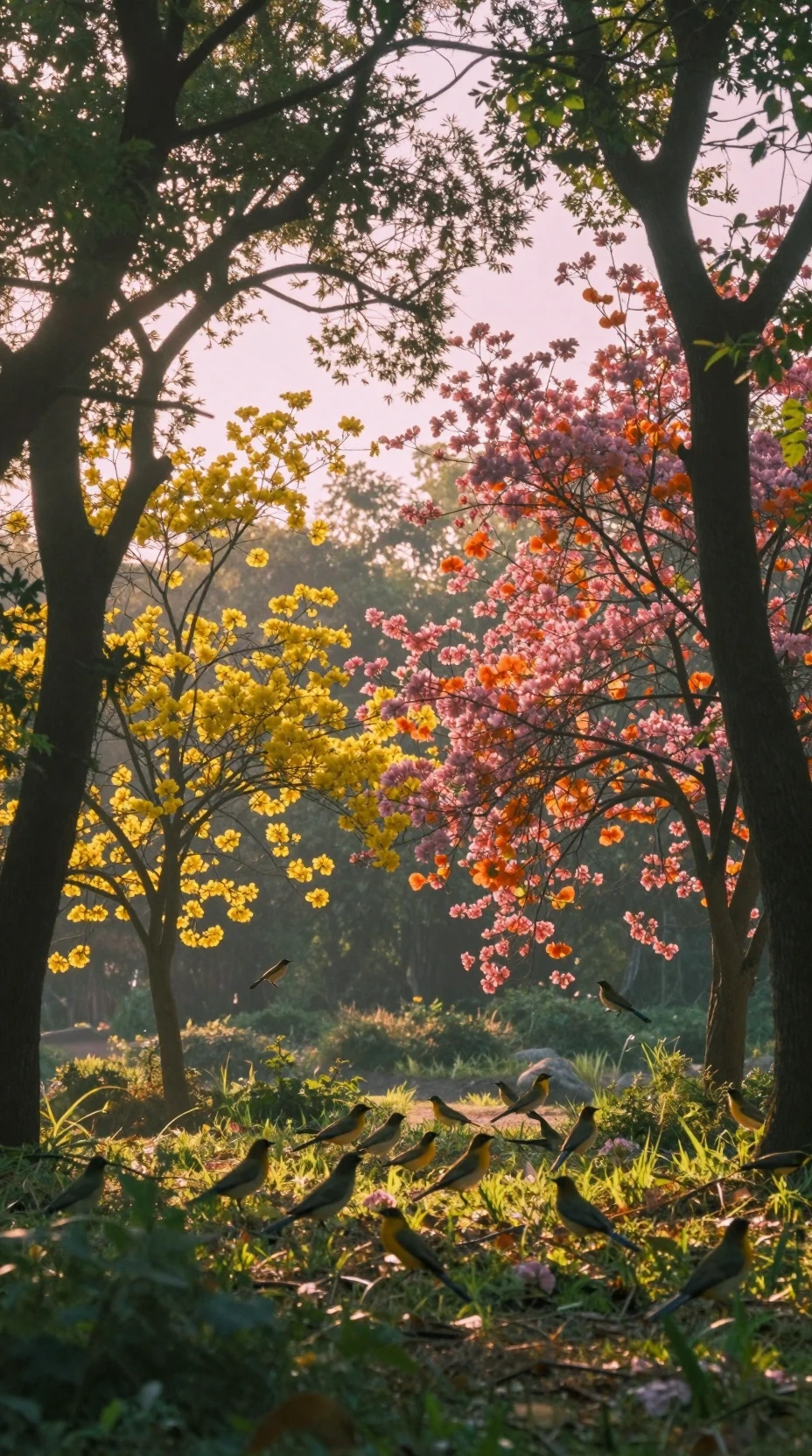 Peaceful forest at dawn with sunlight and blossoms