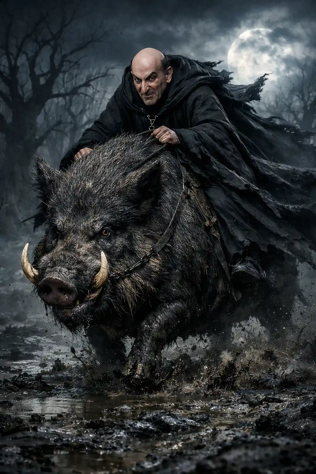 Dark wizard riding a boar through a haunted wasteland