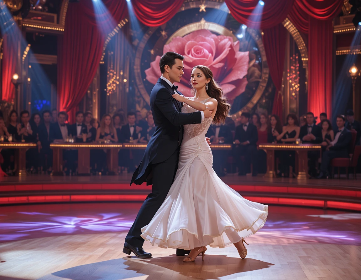 Elegant couple dancing tango on a golden stage