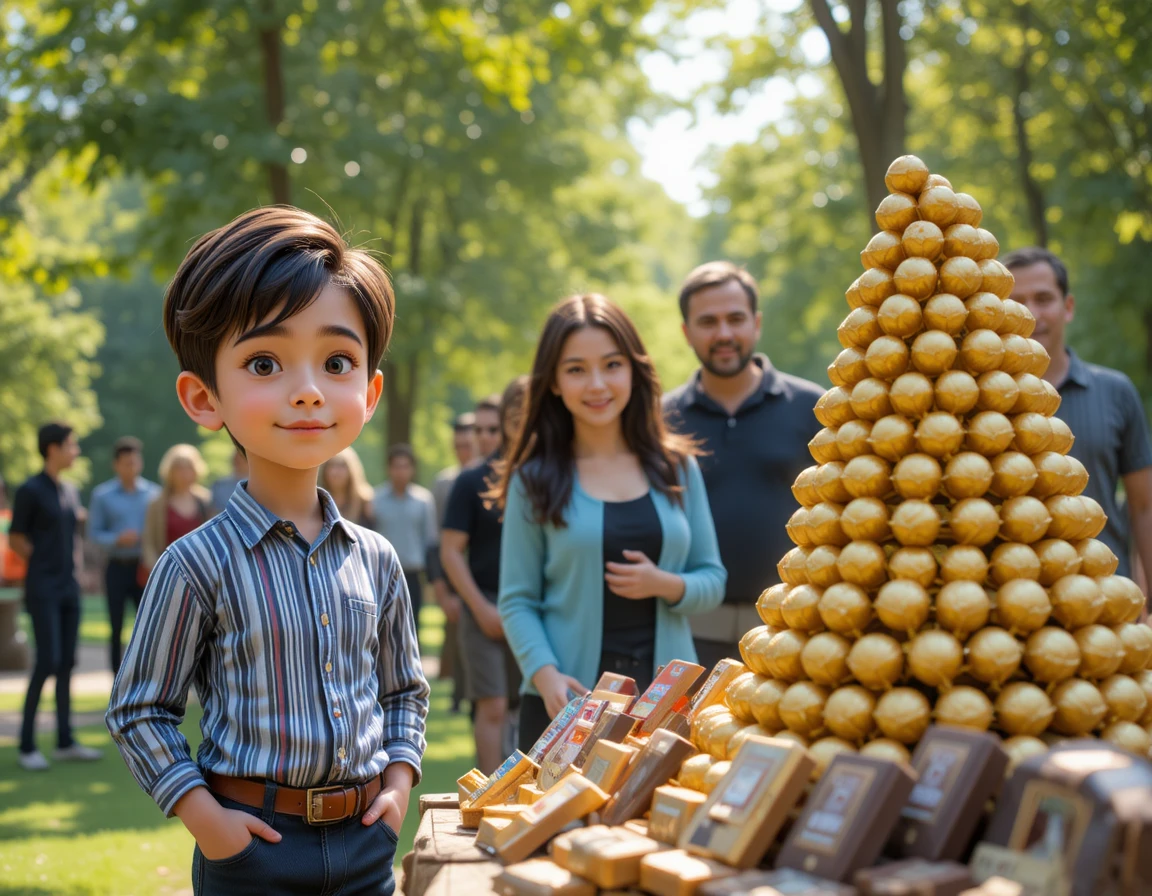 Young boy by golden chocolate pyramid in sunny park gathering