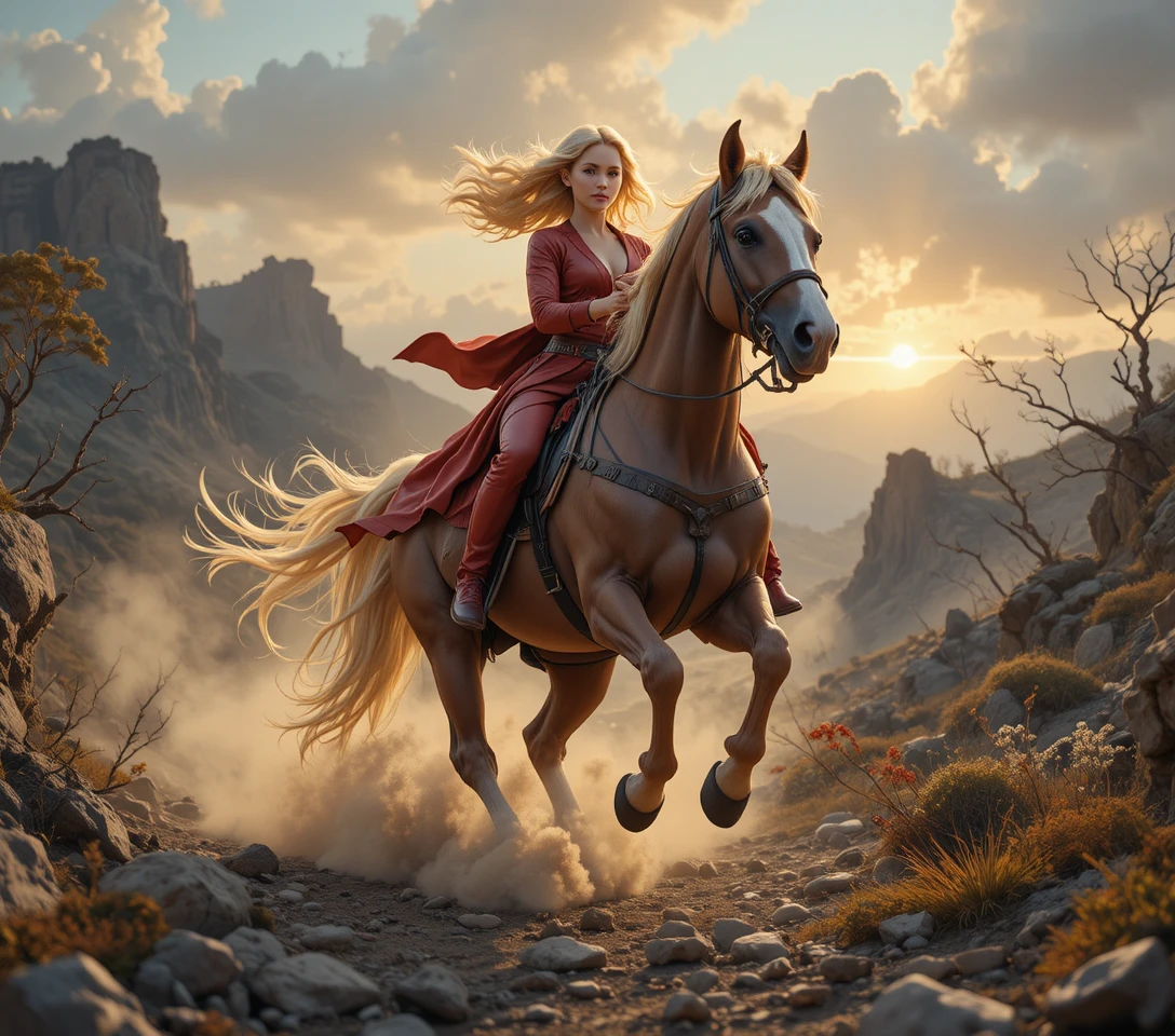 Mulher loira cavalgando um cavalo em disparada ao pôr do sol