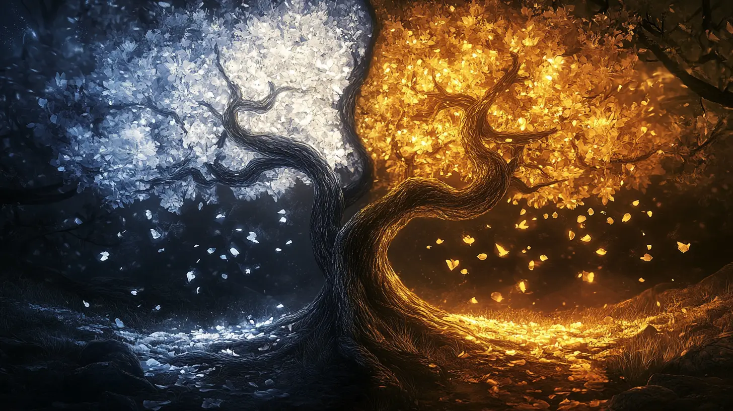 Yin yang trees with glowing light and deep shadow contrast