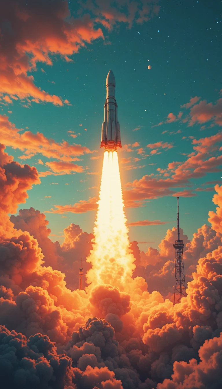 Raketenstart mit feurigem Abgas in dramatischem Orange‑Türkis-Himmel