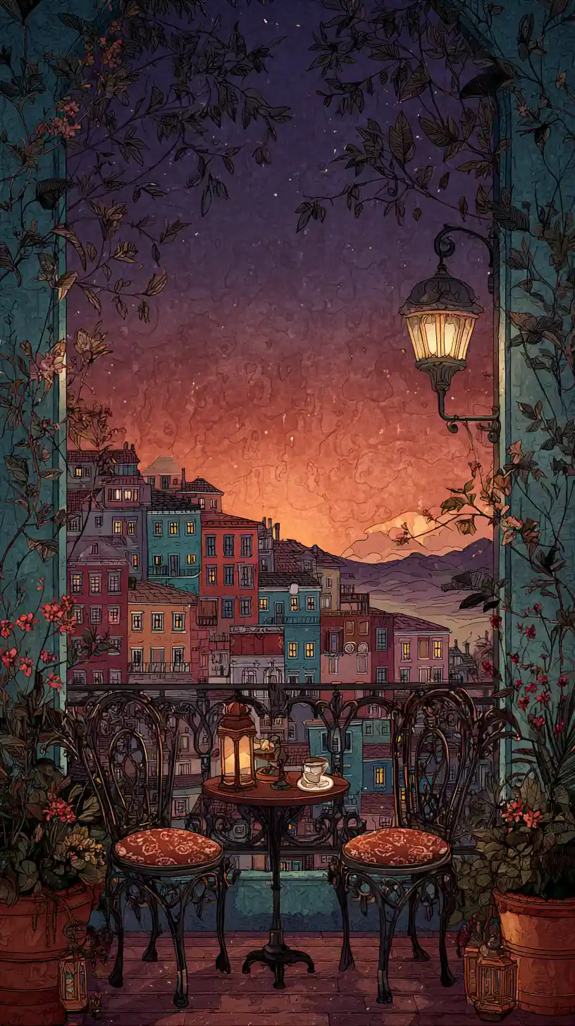Balcone romantico all’alba su una città europea