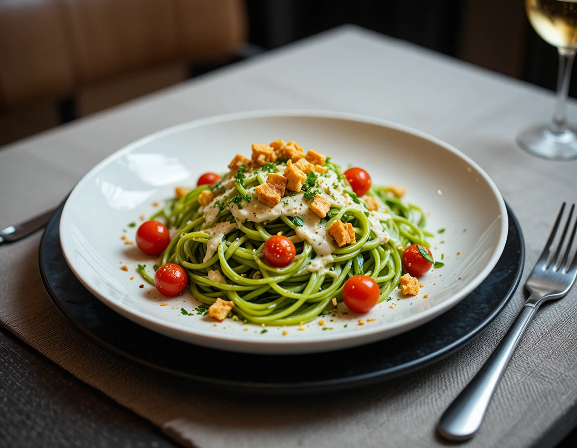Green pasta with cherry tomatoes in elegant restaurant setting