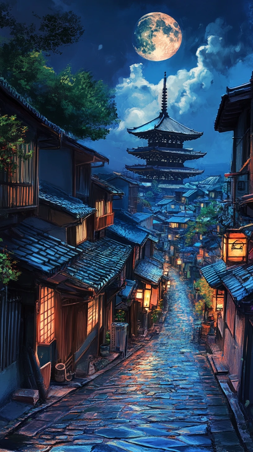 Beco estreito ao luar em uma cidade japonesa com templo ao fundo