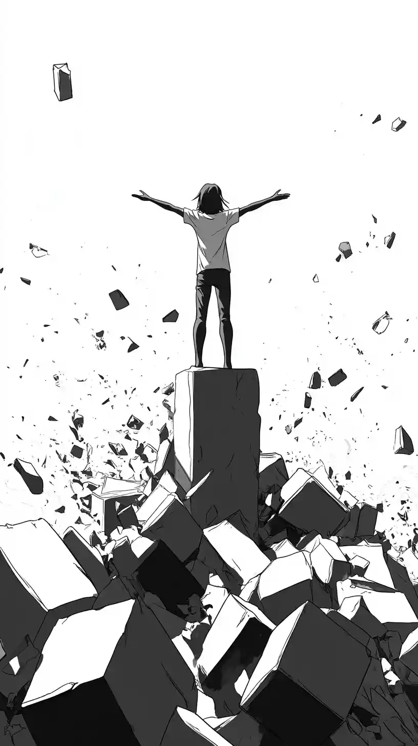 Triumphant figure on stacked blocks in minimalist illustration