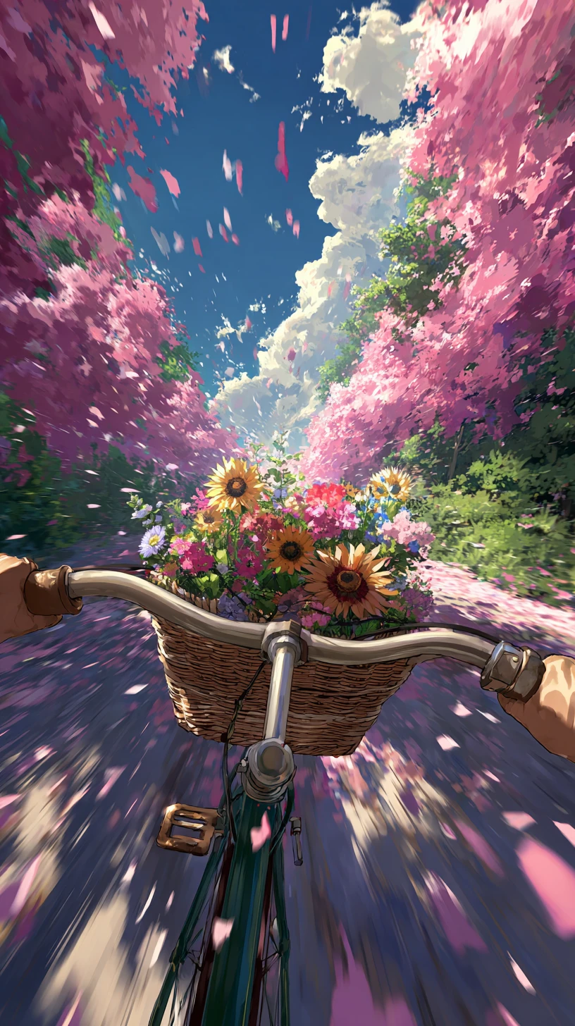 Bicicleta de corrida atravessando túnel de cerejeiras rosa