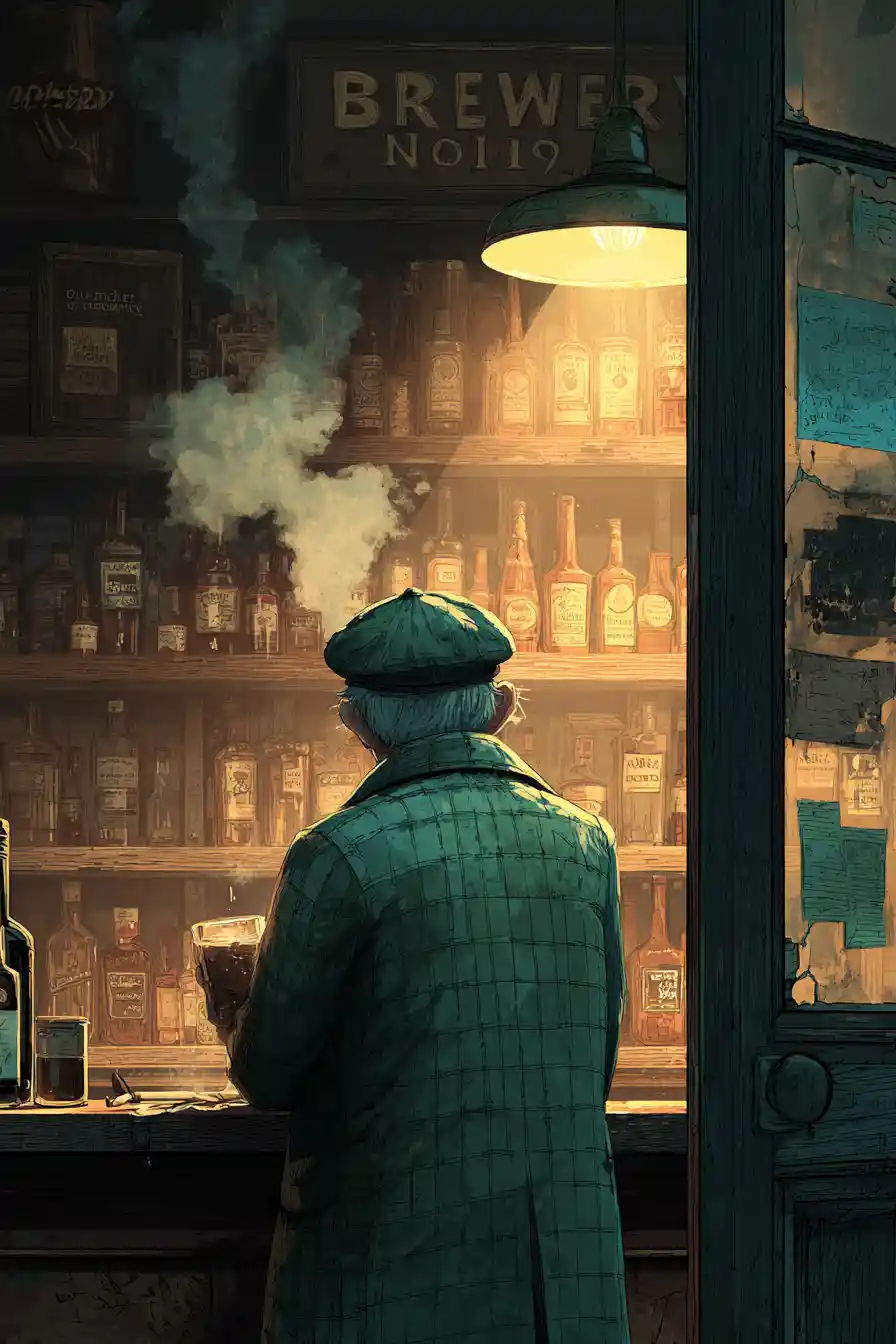 Elderly Man Drinking Alone At The Old Pub Bar