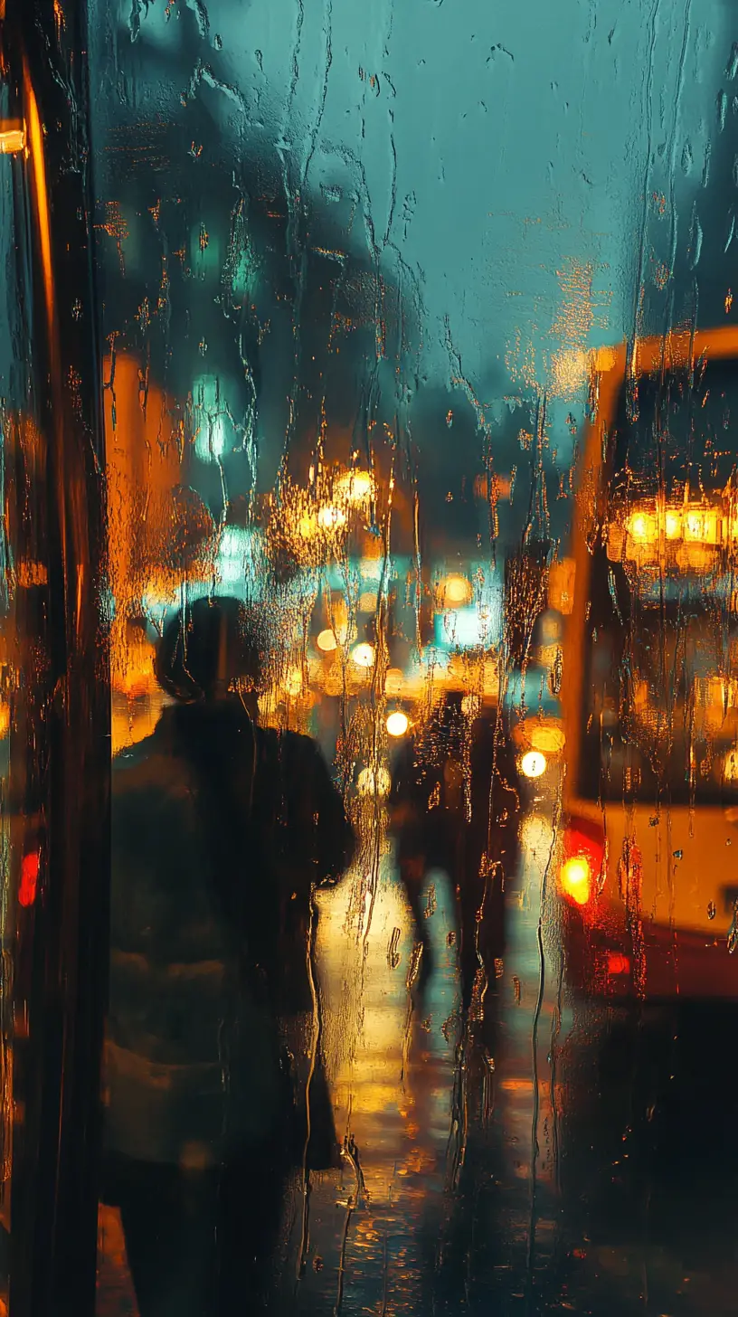 雨痕斑駁車窗與乘客的夜間城市公車