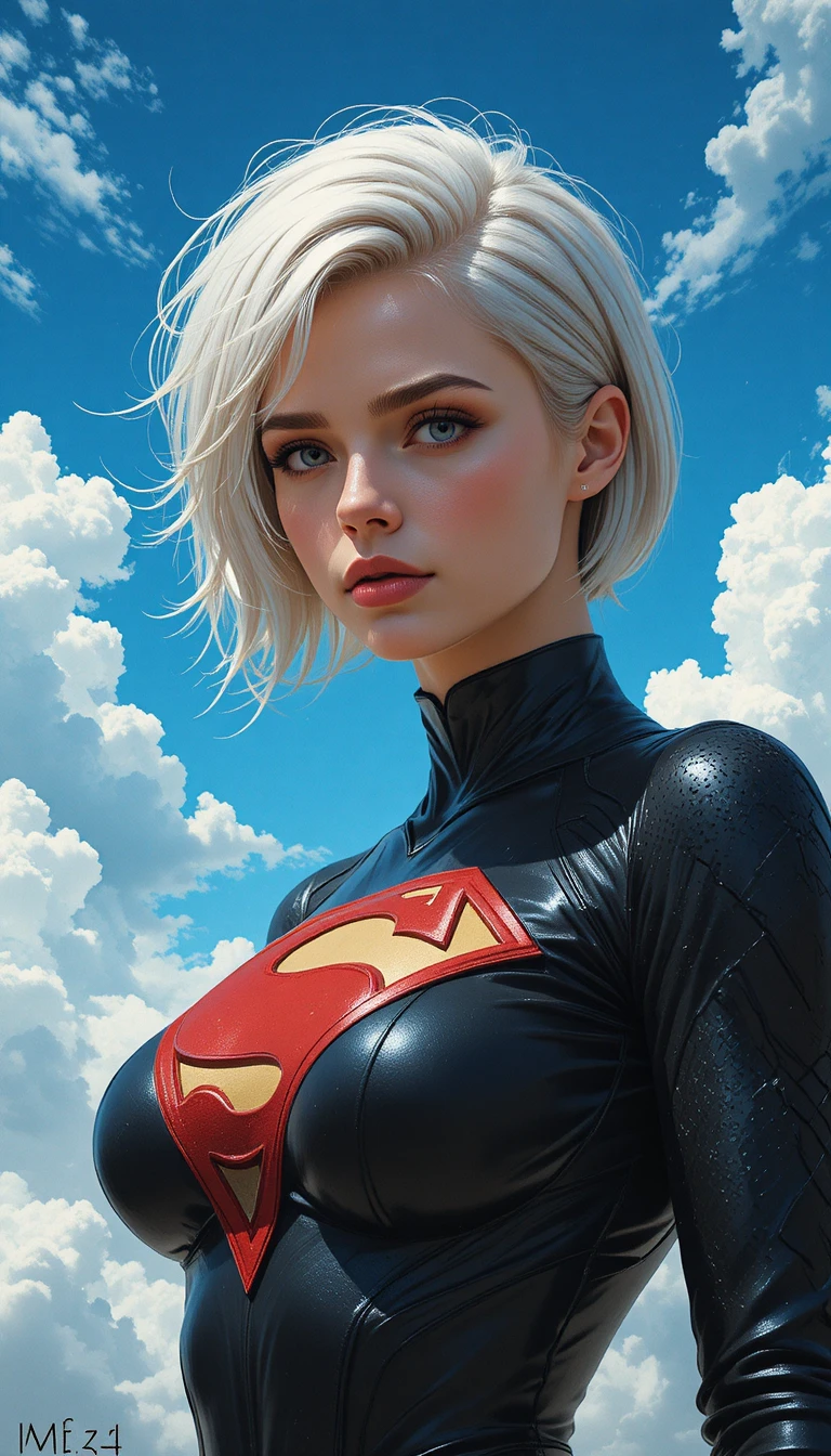 Superhéroïne aux cheveux platine sous un ciel bleu éclatant