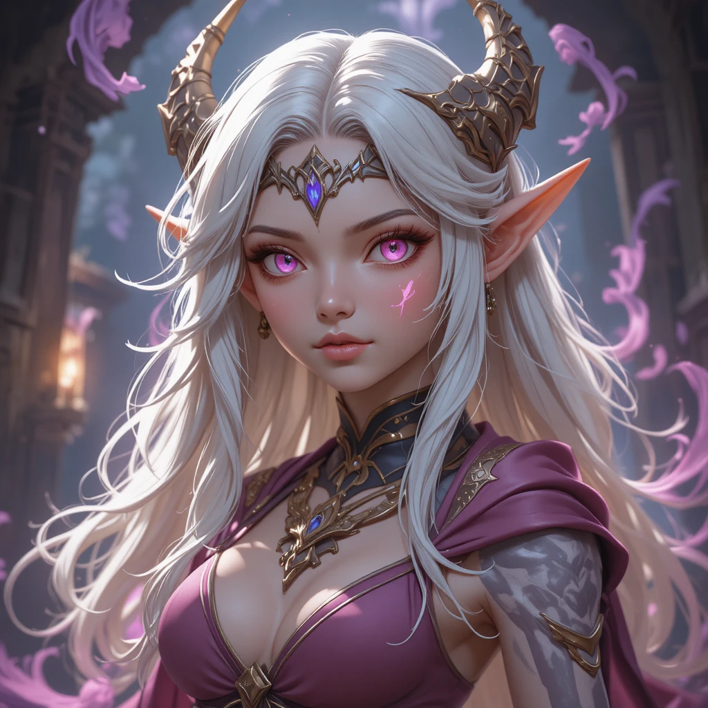 Young ghost witch girl with pale pink eyes and white hair