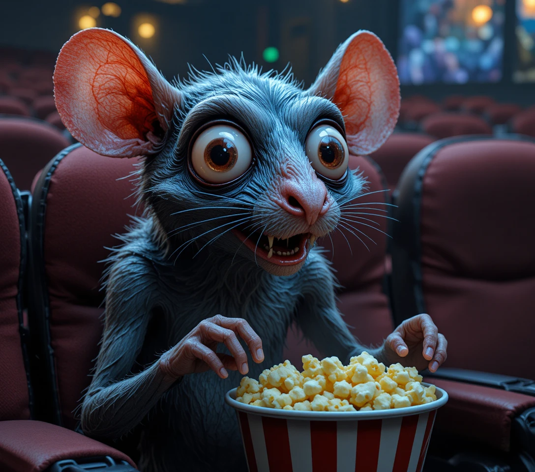 Rat de dessin animé aux yeux fous mangeant du pop-corn au cinéma