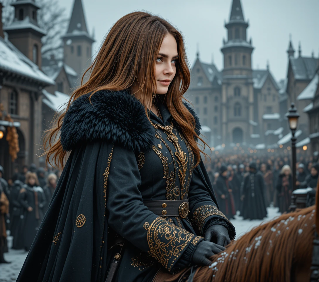 Assassina ruiva cavalgando por praça medieval coberta de neve