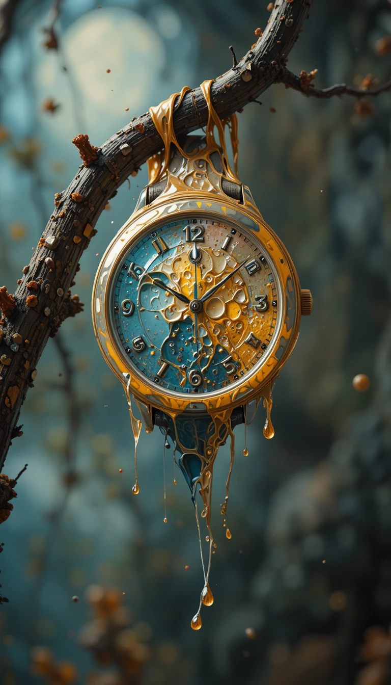Melted plastic watch bending over a bare branch