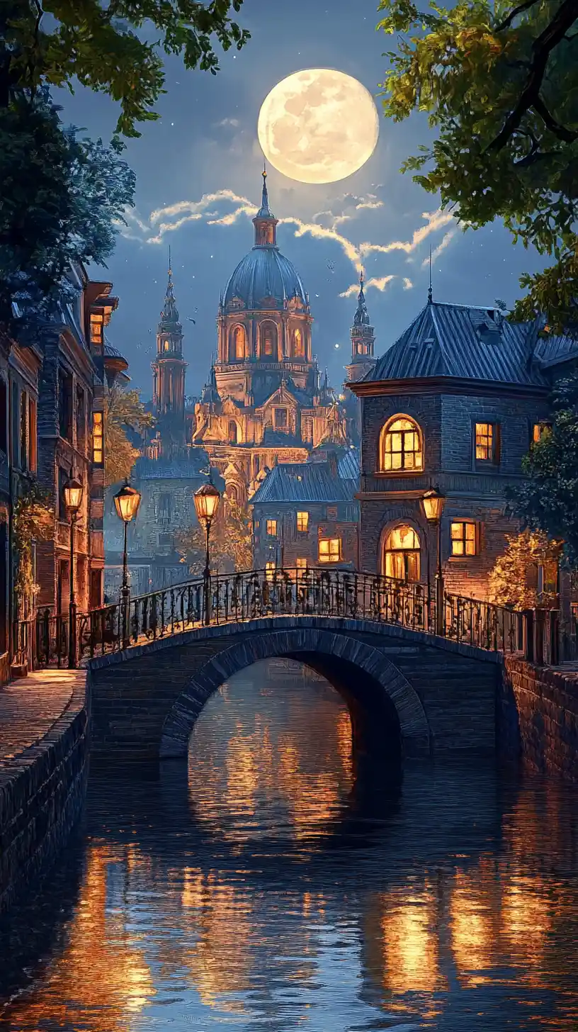 Moonlit canal city with baroque cathedral and arched bridge