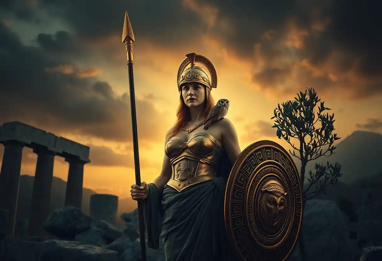 Athena standing in divine armor among ancient marble ruins