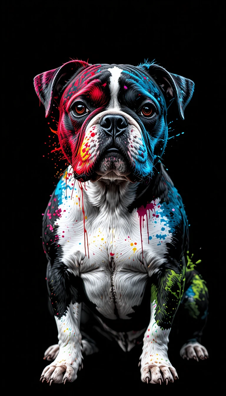 Retrato de cachorro com respingos de cor em fundo preto profundo