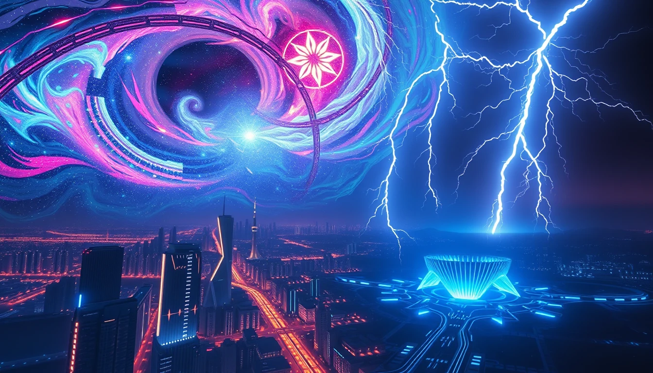 Cidade futurista em néon se dissolvendo em uma galáxia cósmica