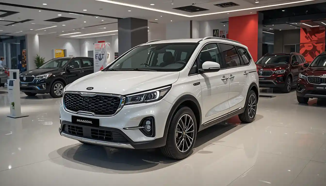 Minivan Kia Carnival blanca en un moderno concesionario de autos