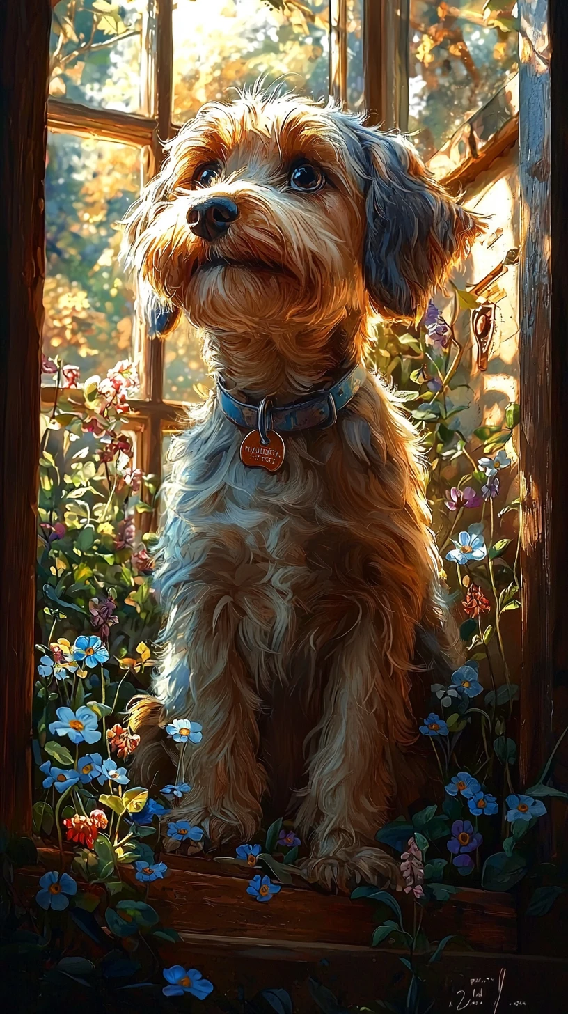Retrato de cão peludo com flores azuis em um chalé aconchegante
