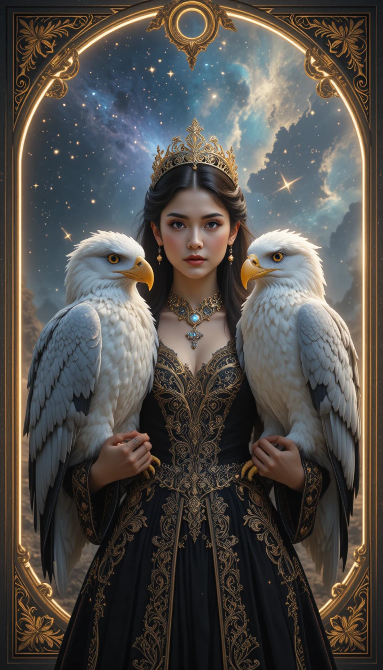 Young queen holding eagles in a glowing cosmic realm