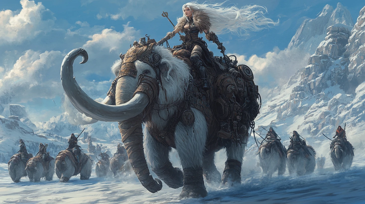 Ragazza barbára steampunk che cavalca un mammut lanoso verso nord