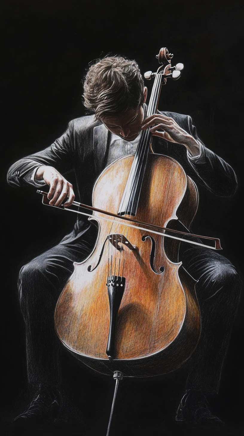 Violoncista de terno escuro tocando um violoncelo de madeira