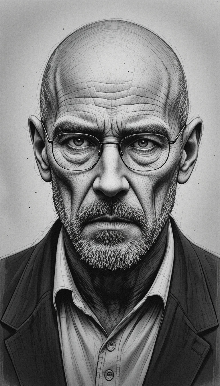 Retrato em grafite de um homem careca em foco silencioso e intenso