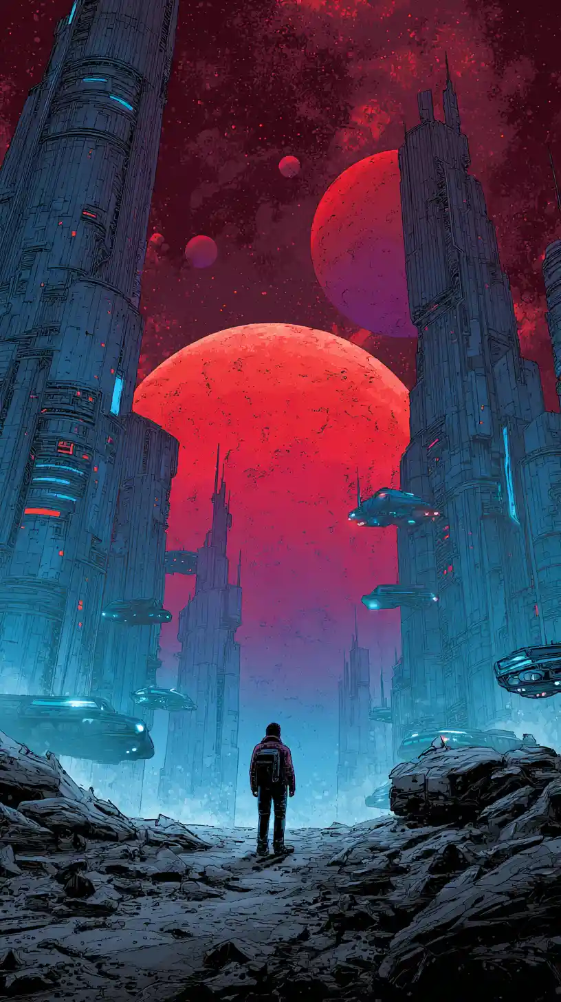Lone figure facing a futuristic city under red moon