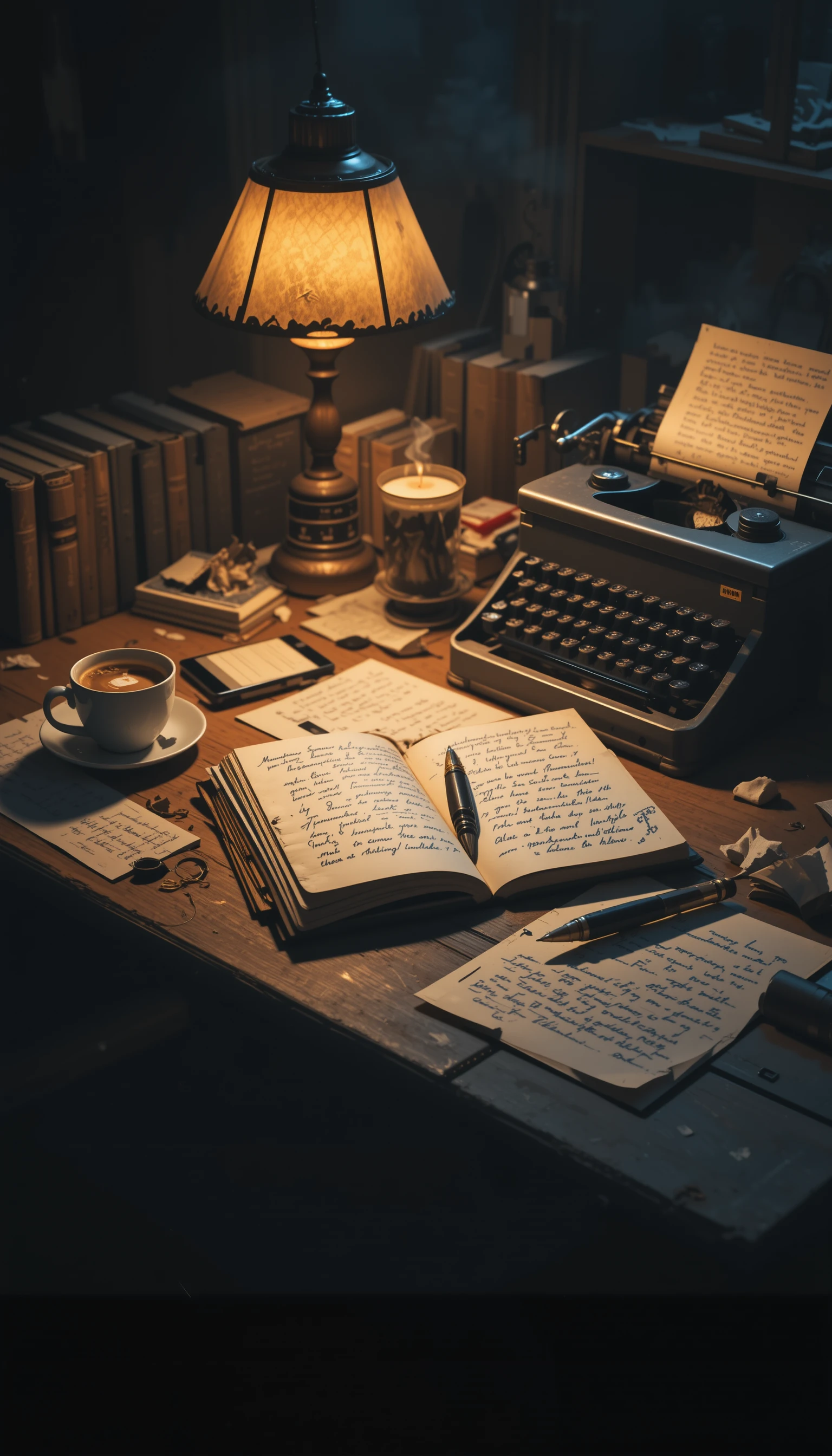 Escritorio de escritor de noche con lámpara y máquina de escribir vintage