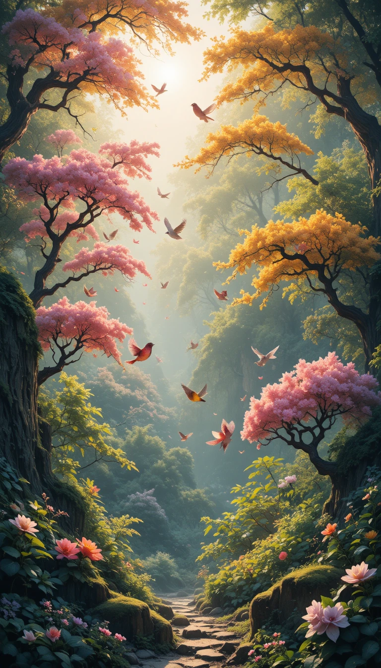Bosque bañado por el sol al amanecer con árboles coloridos en flor