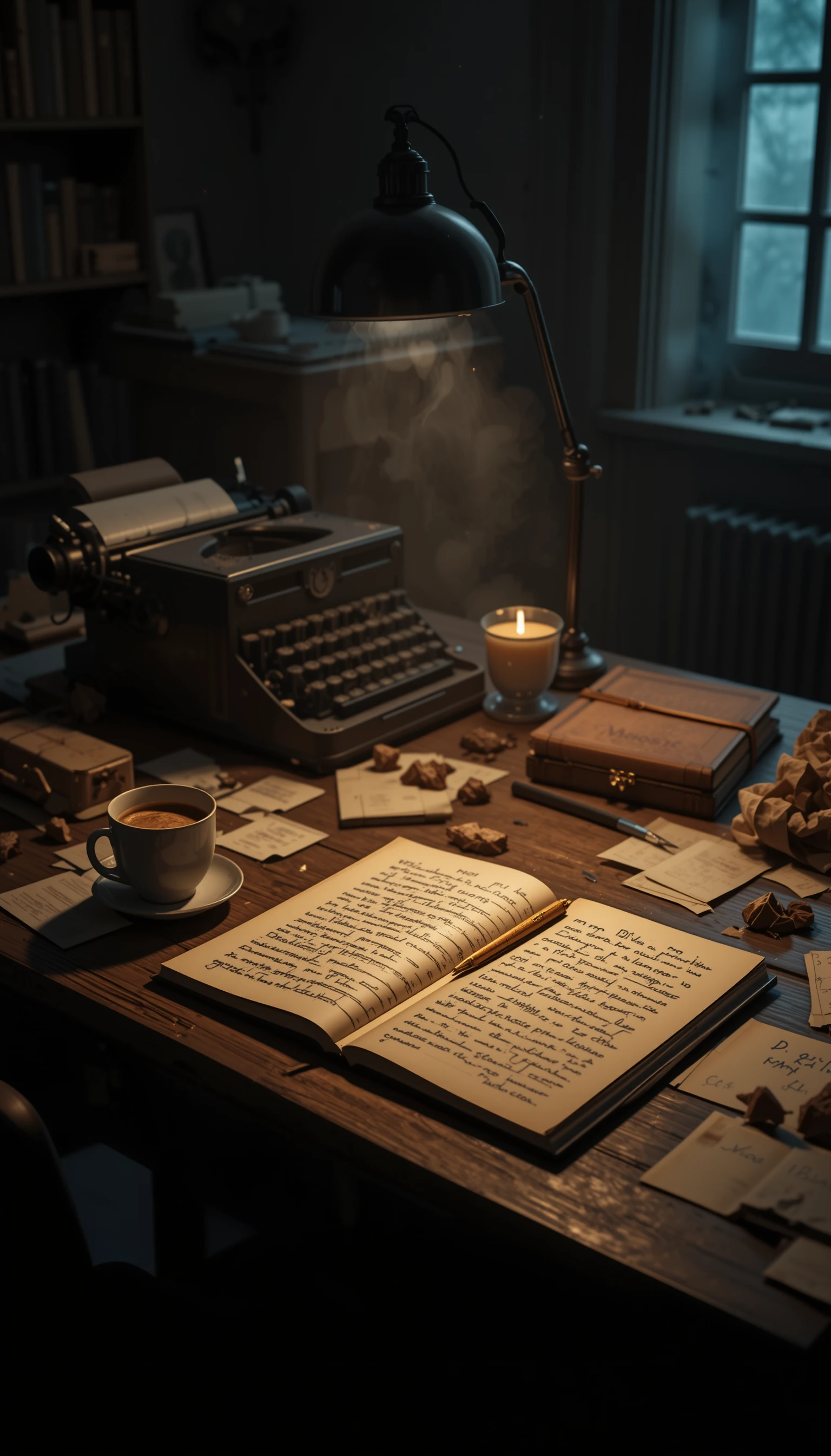 Escritorio Acogedor de Noche con Lámpara y Máquina de Escribir