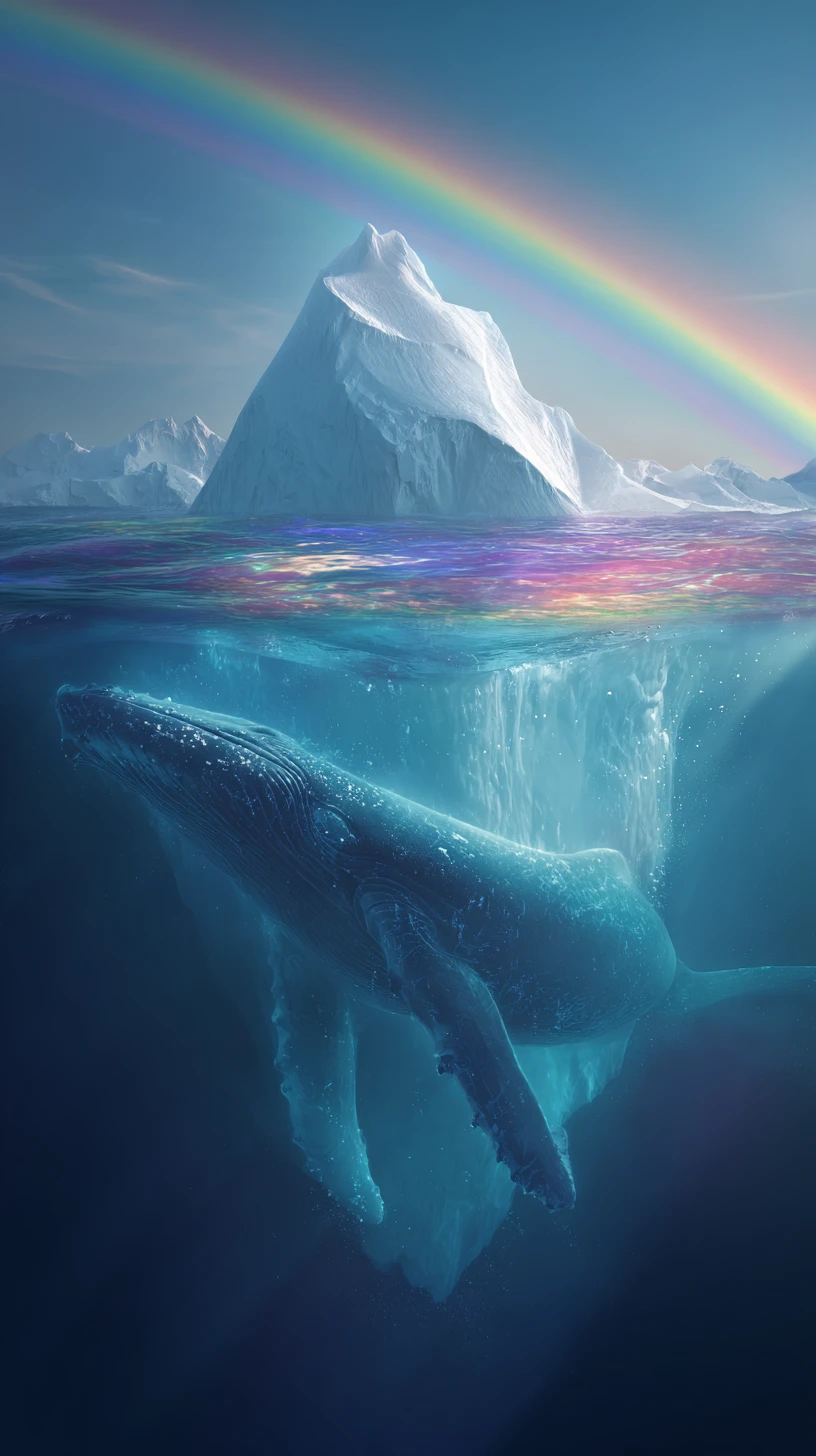 Corte transversal de iceberg com baleia em oceano tranquilo